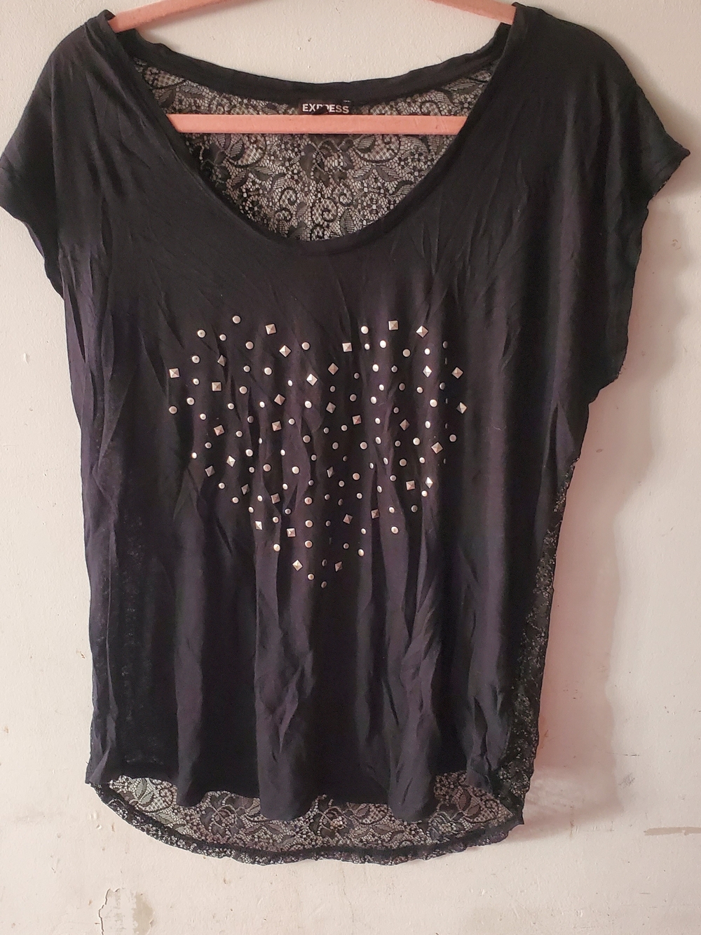 Express Black Short-Sleeve Tee with Stud Heart and Lace Back - Picture 2 of 8